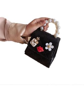 Mini Bag Fashion Kids Pearl Top Handle Quilted Crossbody Hand Tote Shoulder Messenger Bag (Color: Black)