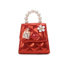 Mini Bag Fashion Kids Pearl Top Handle Quilted Crossbody Hand Tote Shoulder Messenger Bag (Color: Red)